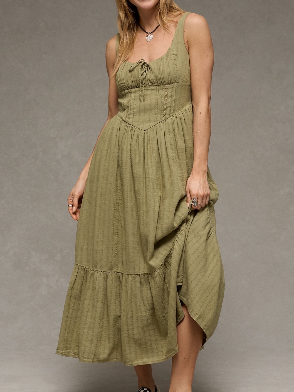 American Eagle Outfitters Olive Green Tiered Maxi Dress with Tie Front